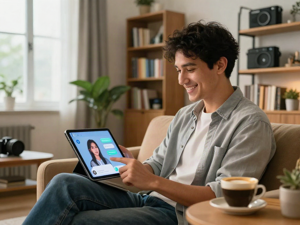 Engaging with girlfriend AI application in a cozy living room setting.