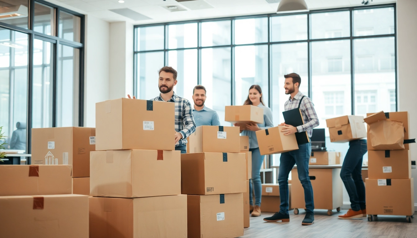 Efficient team executing writer relocation Thane with packed boxes and office furniture.