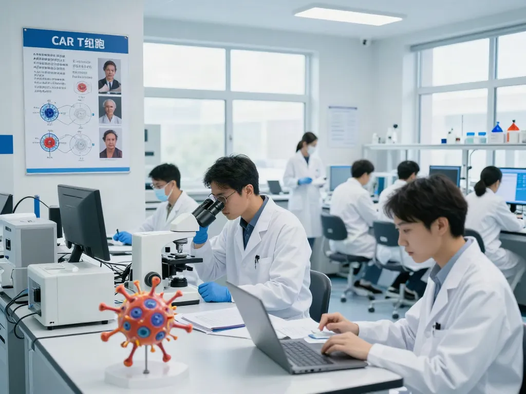 Scientists researching CAR T-cell therapy in a modern lab with advanced medical equipment.