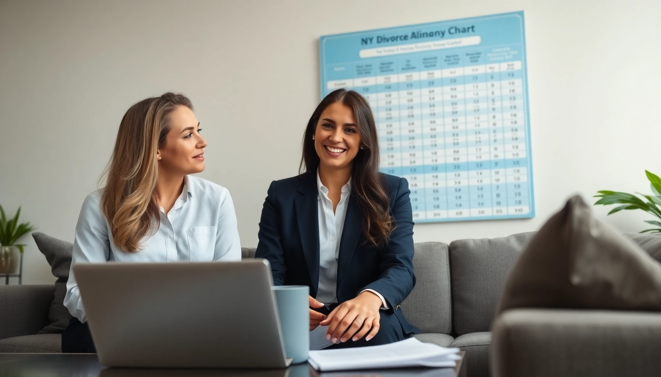 Engaged couple examining the NY divorce alimony chart in a bright office setting, showcasing financial discussions.