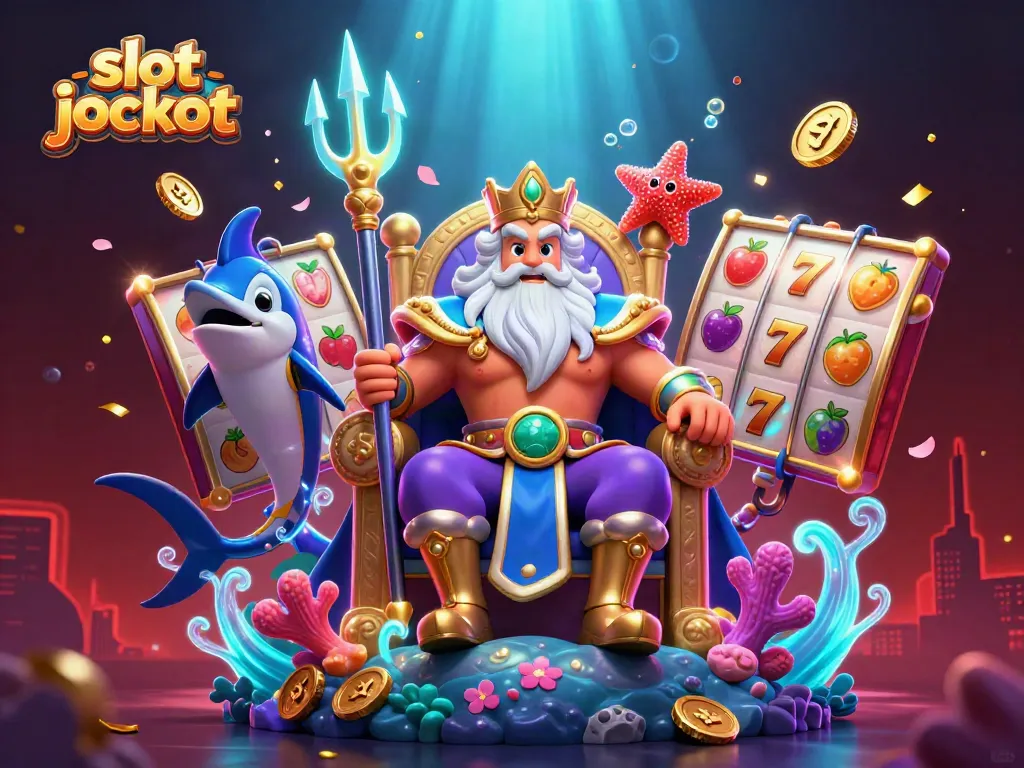 Experience the thrill of slot jackpots with vibrant 3D illustrations of Neptune and dynamic game elements.