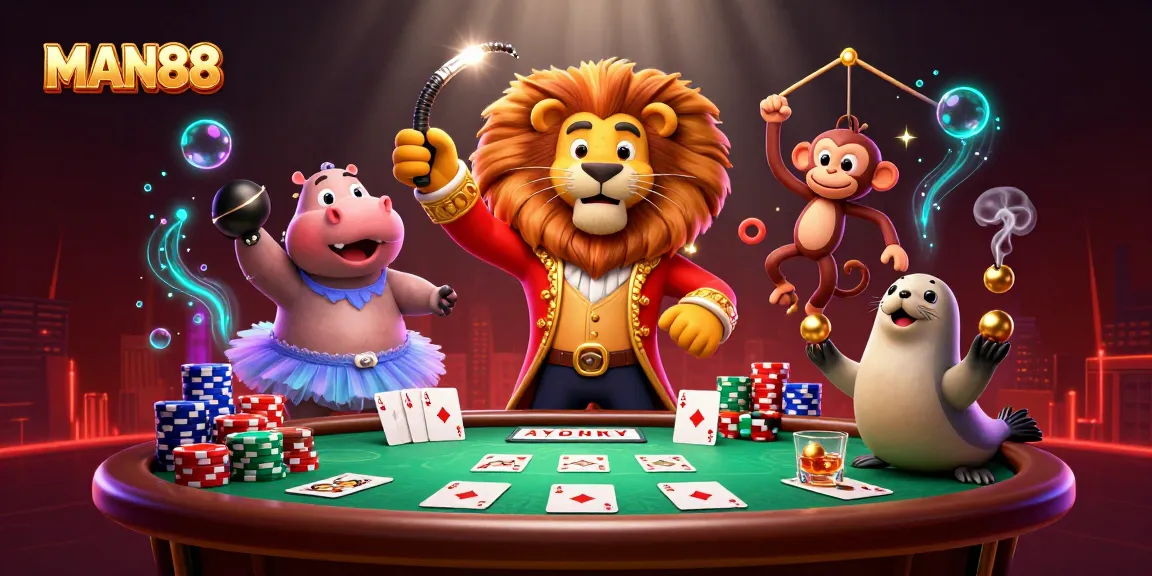 Engage with MAN88's luxurious gaming experience featuring vibrant 3D characters and poker elements.