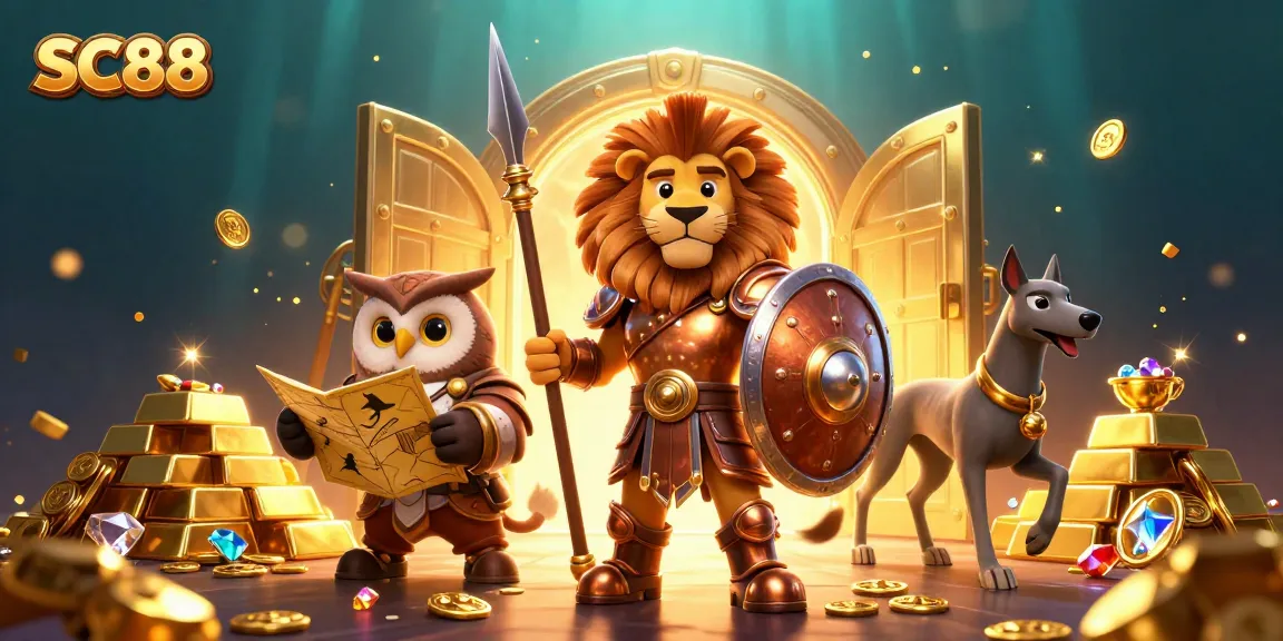 Immerse in SC88's world of thrilling gaming with lion warriors guarding treasures in a vibrant casino scene.