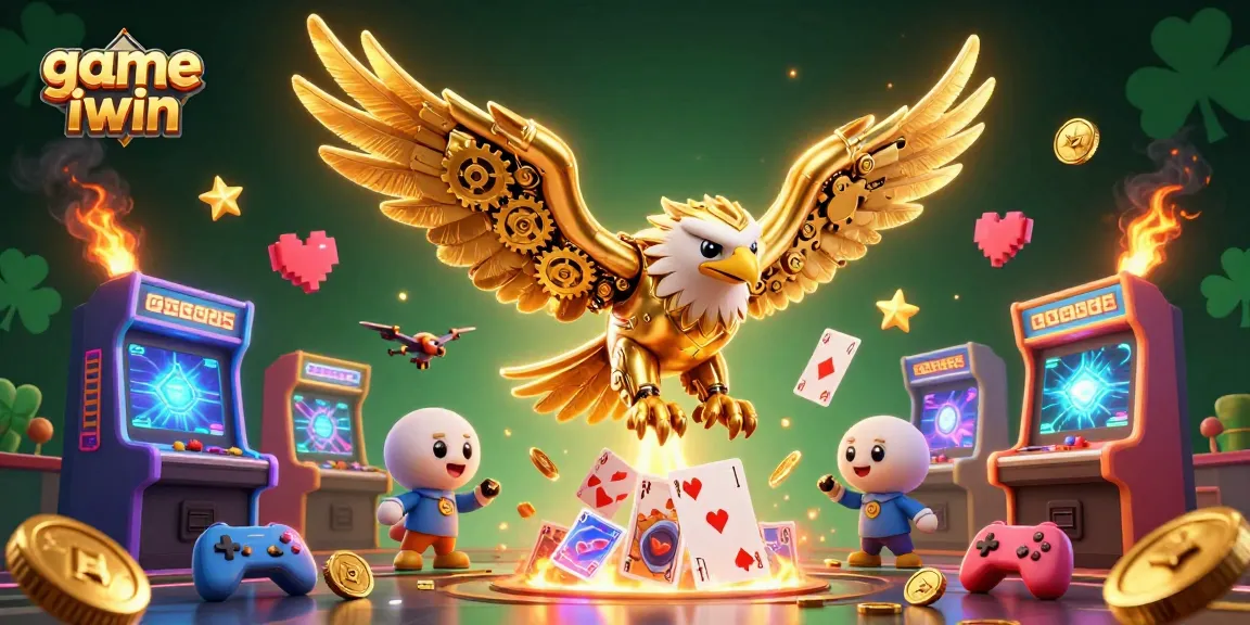 Play thrilling games in style with game iwin's captivating 3D visual of an eagle soaring through holographic cards.