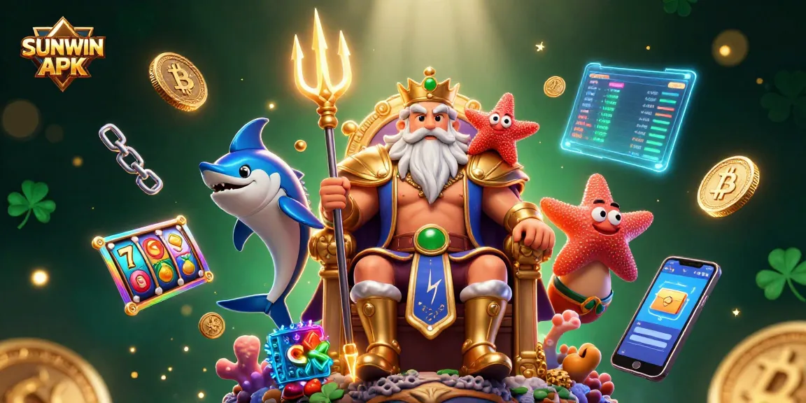 SUNWIN APK showcases a vibrant 3D cartoon illustration featuring Neptune amidst glowing crypto coins and slot elements.
