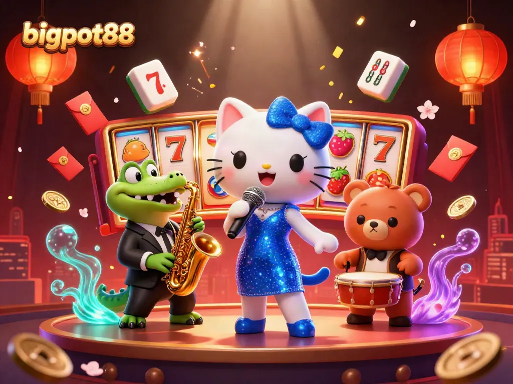 Raih kemenangan di bigpot88 dengan permainan slot dan simbol keberuntungan yang berkilauan.
