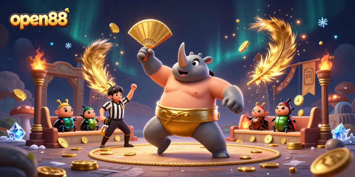 Experience thrilling gameplay at open88 with a fighting rhinoceros beetle champion, coins flying in a dynamic arena.