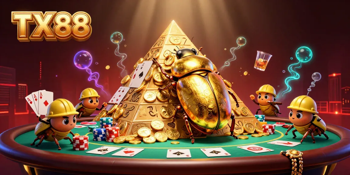 Engage with TX88's vibrant casino scene of golden beetles and poker action.
