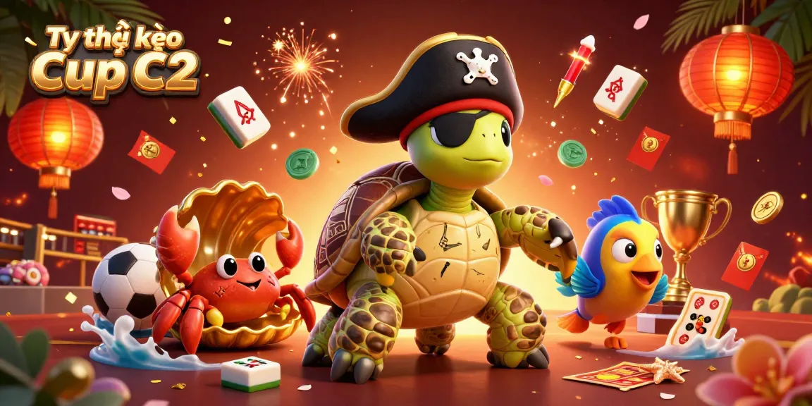 Tỷ lệ kèo Cup C2 highlights vibrant sports betting elements with a pirate turtle, hermit crab, and parrotfish.