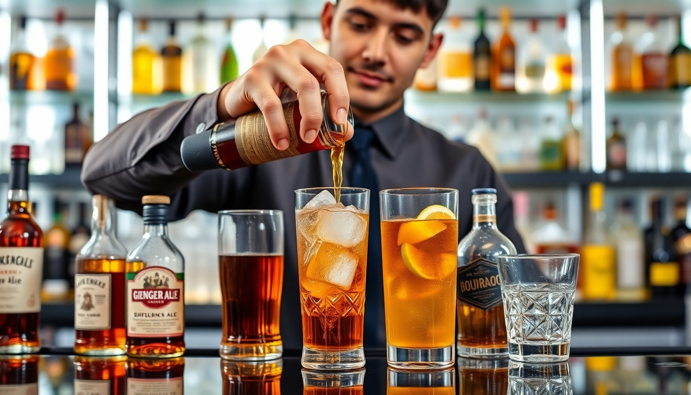 Mixing bourbon whiskey with colorful mixers in a vibrant cocktail setting.