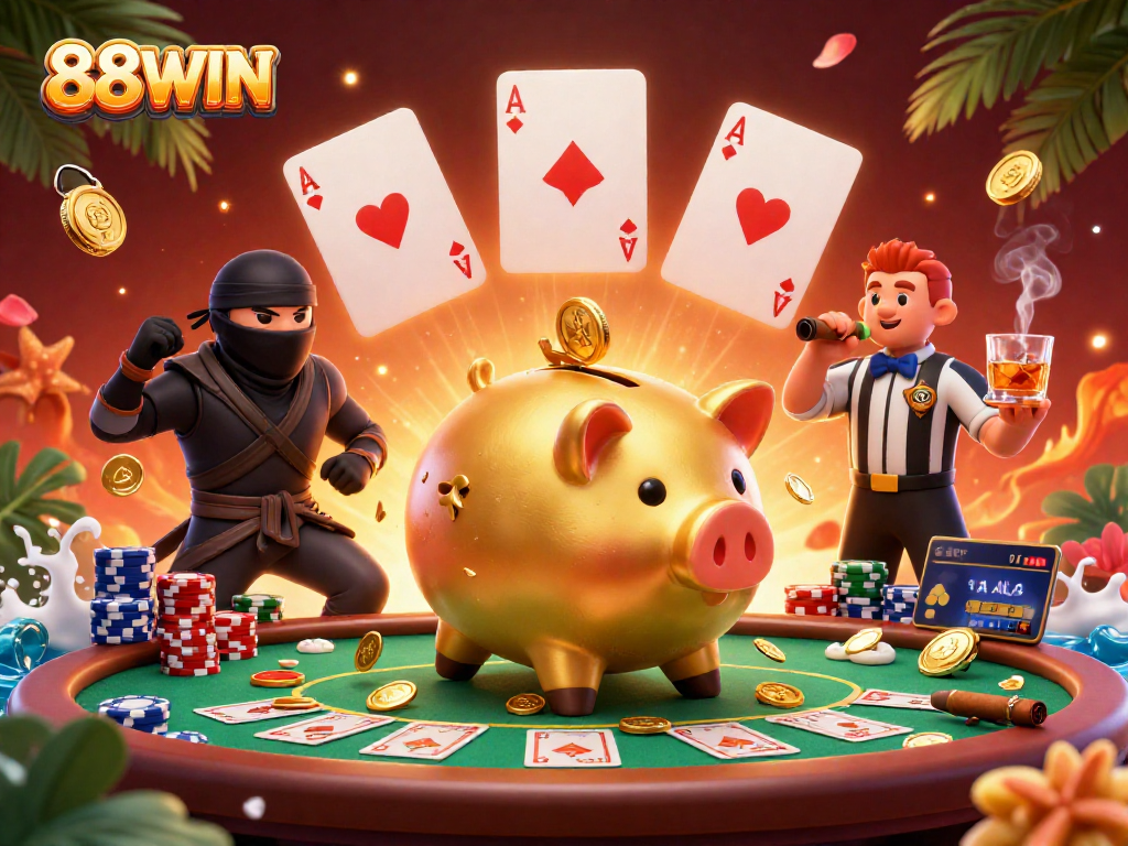 88WIN's vibrant casino scene features a sumo wrestler with gold coins, showcasing a high-stakes poker game.