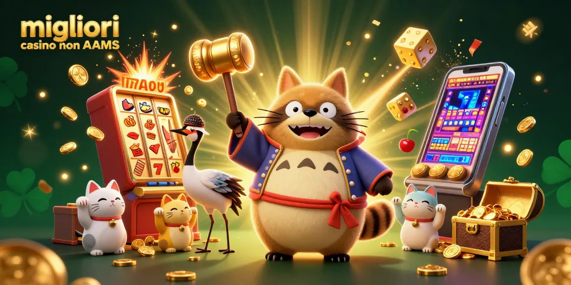 Esplora i migliori casino non AAMS con un tanuki fortunato e simboli di vittoria fluttuanti nella scena.