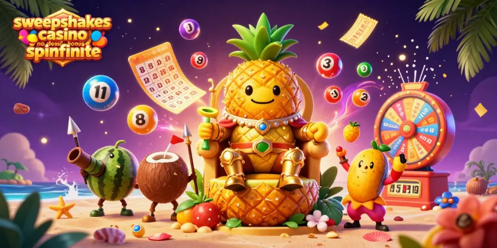 Engage with the sweepstakes casino no deposit bonus spinfinite, featuring a vibrant golden pineapple king and dynamic gaming elements.