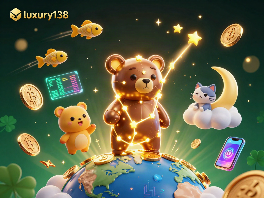 luxury138 menampilkan ilustrasi fantasi kasino dengan karakter beruang konstelasi dan elemen koin digital