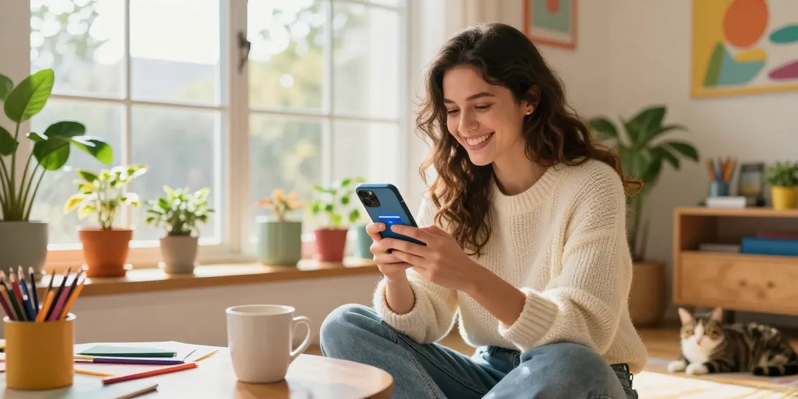 Young woman checking how old do I look with AI app in a sunny, cozy home setting