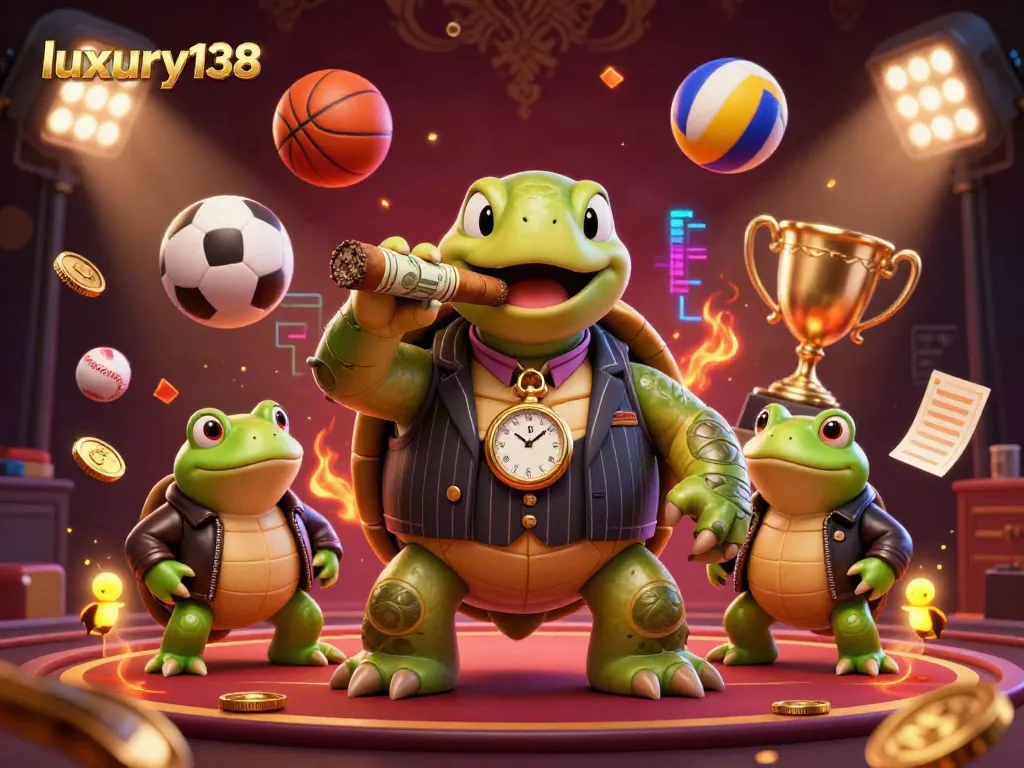 Experience the thrill of luxury138 with a dynamic scene featuring a snapping turtle mobster and enforcers amidst vibrant casino elements.