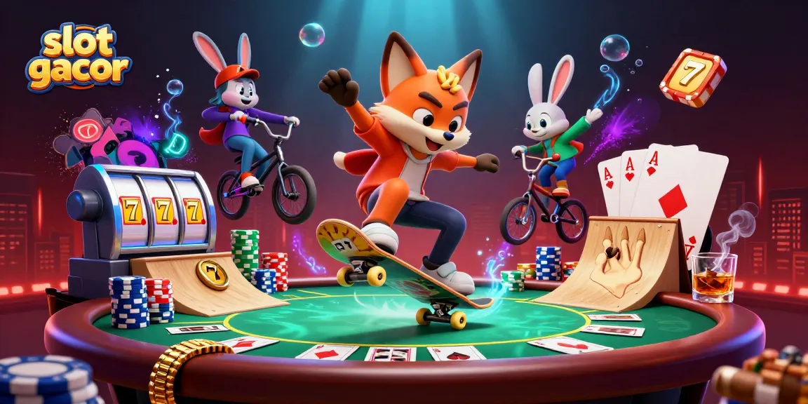Engaging scene depicting slot gacor with a skateboarder fox and BMX rabbit amid vibrant casino elements.