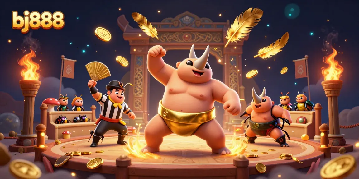 Bj888 features a sumo champion beetle in action, surrounded by golden coins and dynamic casino elements.