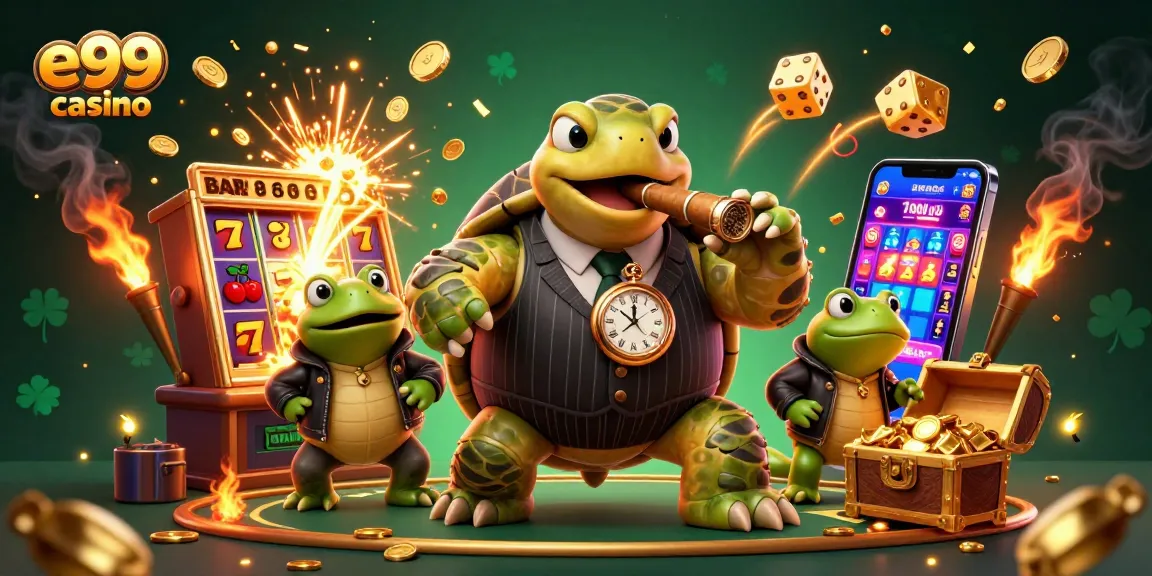 Experience fun at e99 casino with a vibrant 3D cartoon scene bursting with casino action.