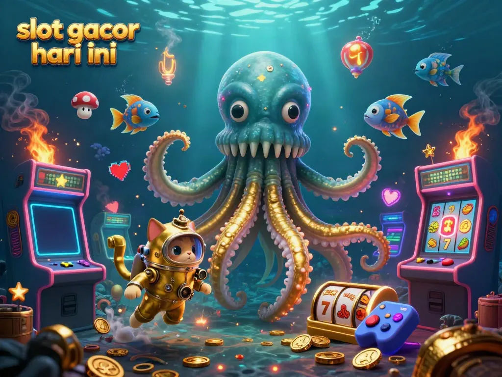 Engage with the vibrant slot gacor hari ini scene featuring a kraken and underwater characters amidst dynamic gaming elements.