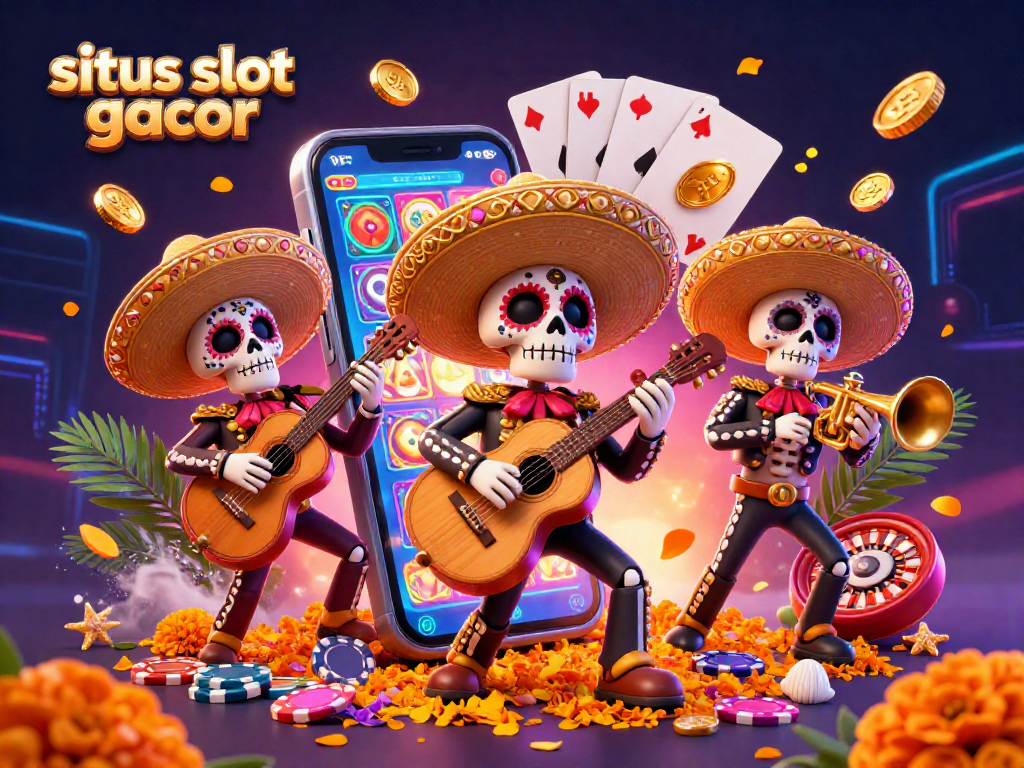 Experience the excitement of situs slot gacor with a lively 3D illustration of a skeleton mariachi band surrounded by slot game elements.