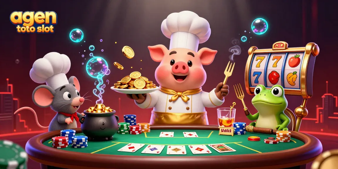Engage with agen toto slot as a colorful scene portrays a chef pig, mouse, and frog amidst slot reels and poker elements.