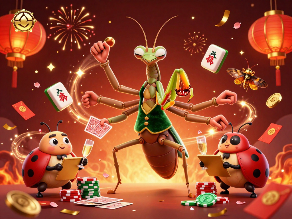 Tienlenmiennam game scene featuring a giant praying mantis dealer, vibrant celebrations, and charm-filled atmosphere.