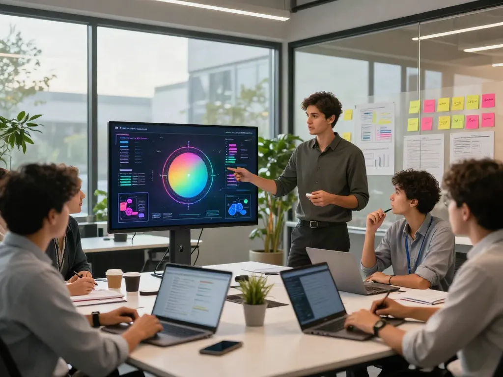 Team collaborating on AI Token Economy analytics in a modern workspace, showcasing vibrant teamwork and innovation.