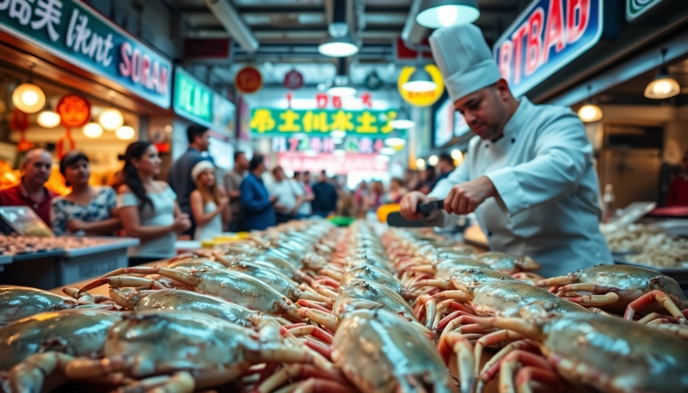 Buy Live king crab wholesale from expert chefs in a vibrant seafood market setting.