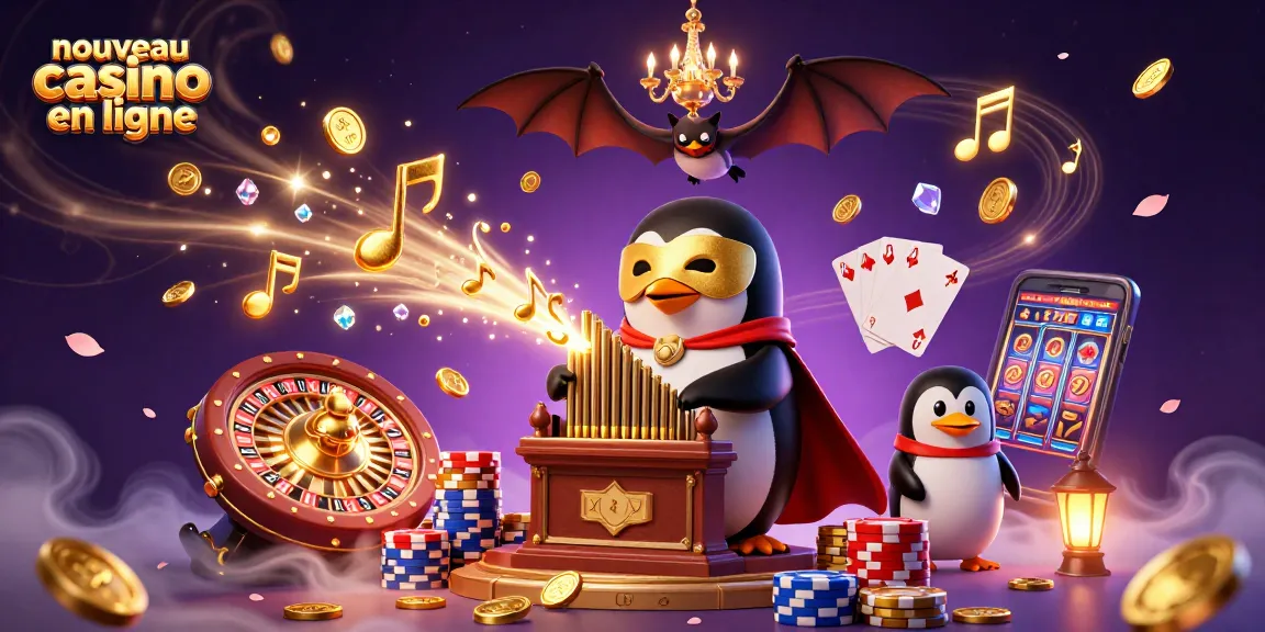 Découvrez le monde fascinant du nouveau casino en ligne avec un pingouin musicien et des éléments de jeu dynamiques.