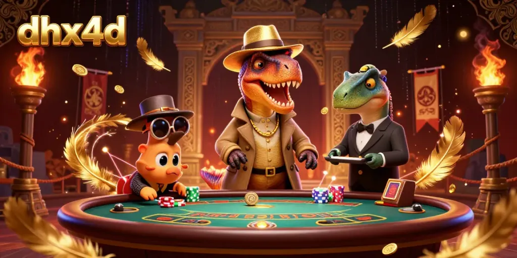 Permainan menyenangkan di dhx4d dengan velociraptor dan stegosaurus gamer di meja blackjack.