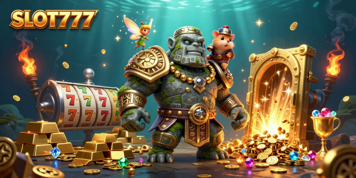 SLOT777 engaging players with dynamic slot reels, golden treasures, and enchanting characters