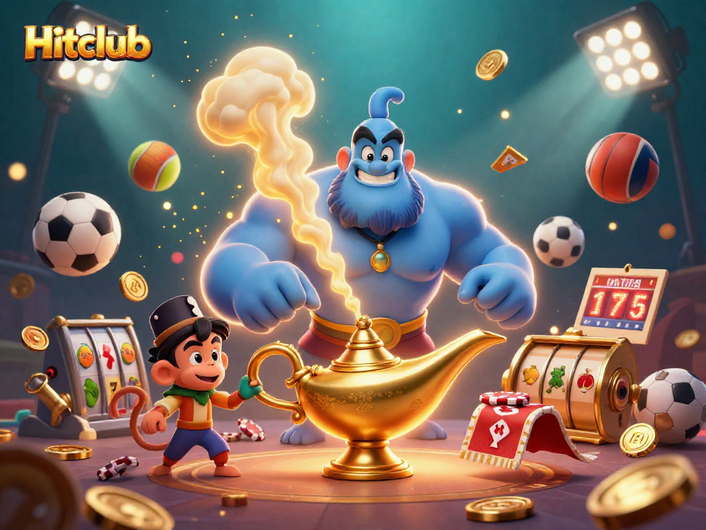 Hitclub captures the thrill of gambling with a lively scene of genie, monkey, and poker chips.