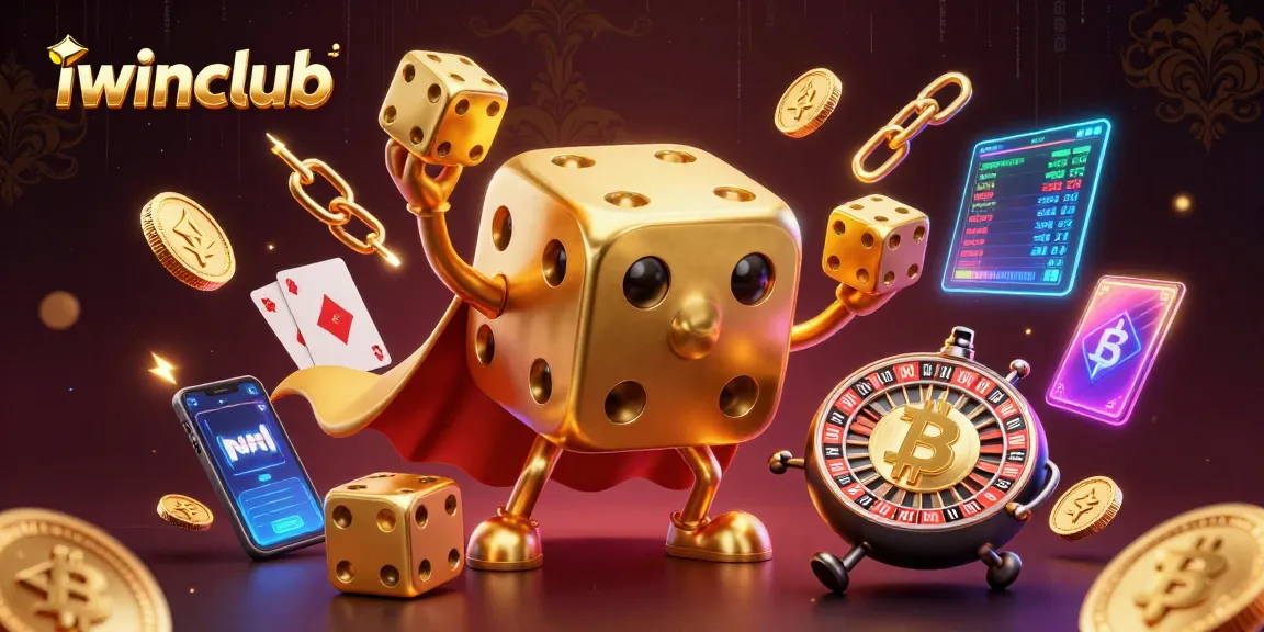iwinclub offers exciting gaming action with a vibrant 3D cartoon scene featuring golden dice and crypto elements.