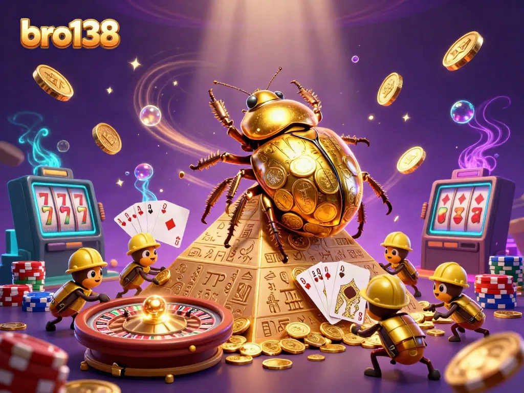 Experience the excitement of bro138 with golden beetles and casino symbols in a vibrant scene.