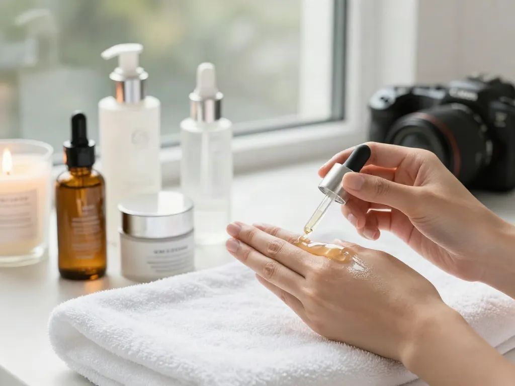 Application of snap-8 peptide serum in a serene skincare ambiance.