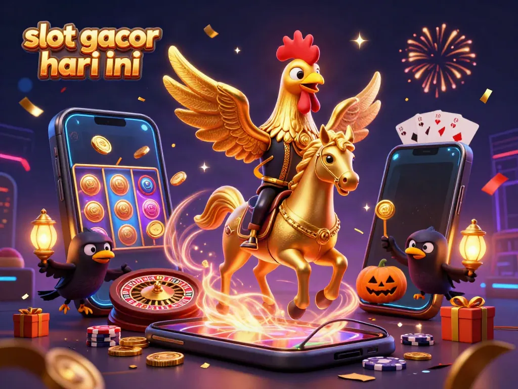Experience the excitement of slot gacor hari ini with a vibrant casino scene featuring a golden rooster and entertaining characters.
