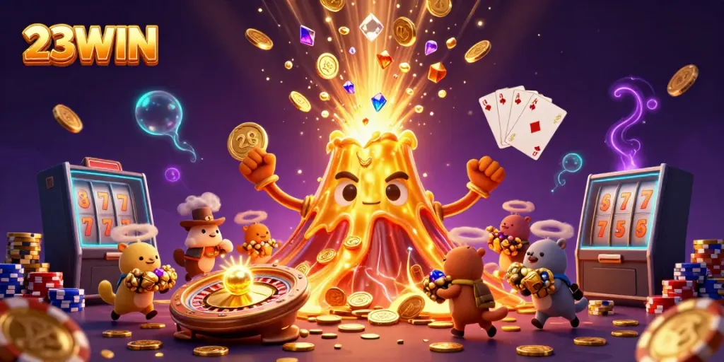 Experience thrilling wins with 23WIN in a vivid volcanic casino scene filled with treasures.