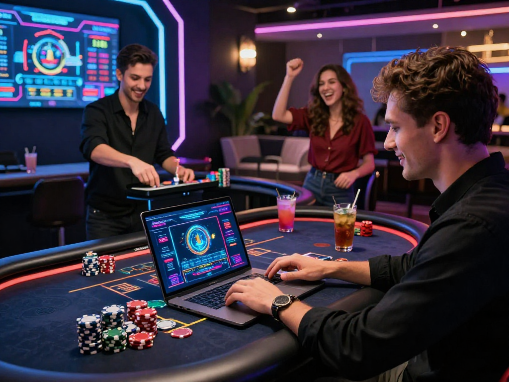Exciting crypto casino scene with a player engaged at a digital gaming table, showcasing vibrant cryptocurrency interactions and high-tech atmosphere.
