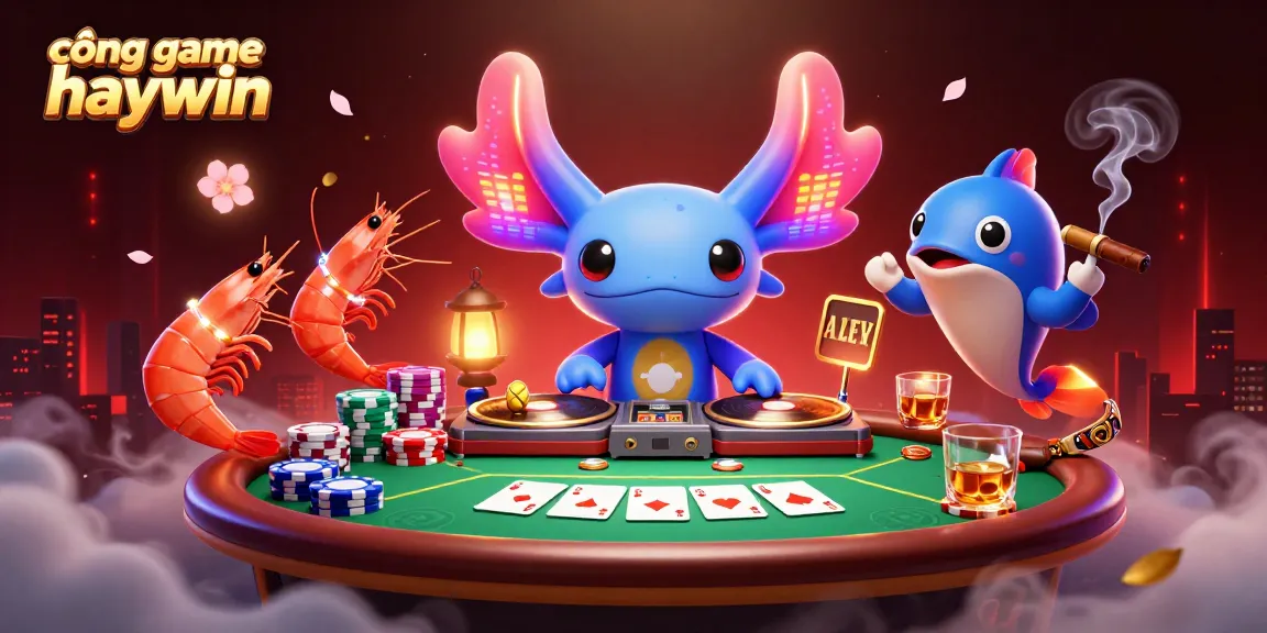 Experience excitement with cổng game haywin in a vibrant 3D casino scene featuring a DJ axolotl and bold poker elements.