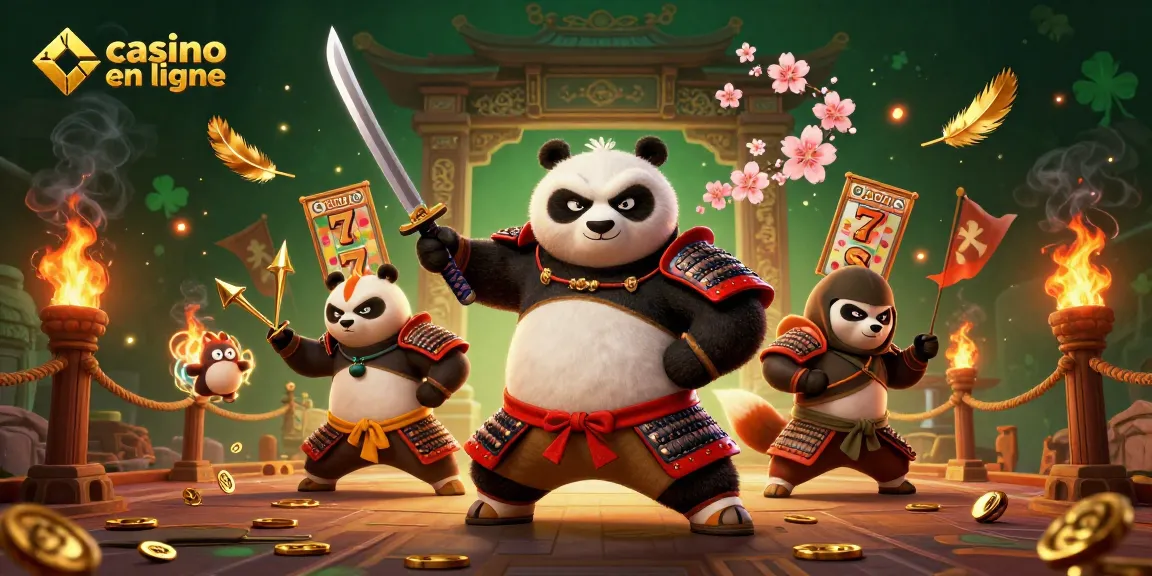 Plongez dans l'univers du casino en ligne avec un samouraï panda et un renard ninja, entourés de rouleaux de machine à sous.