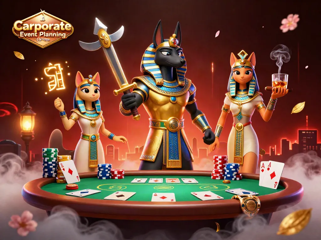 Experience Corporate Event Planning Las Vegas with a vibrant poker scene and Egyptian-themed characters.