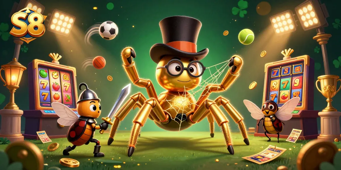 Experience the excitement of S8 Casino through a vibrant scene with gaming elements, a golden tarantula, and dynamic characters.