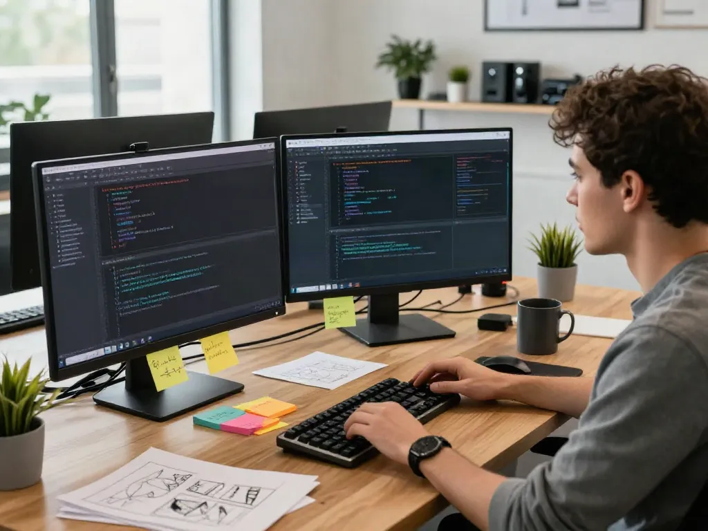 Look at this website coding scene in a modern tech workspace with multiple screens.