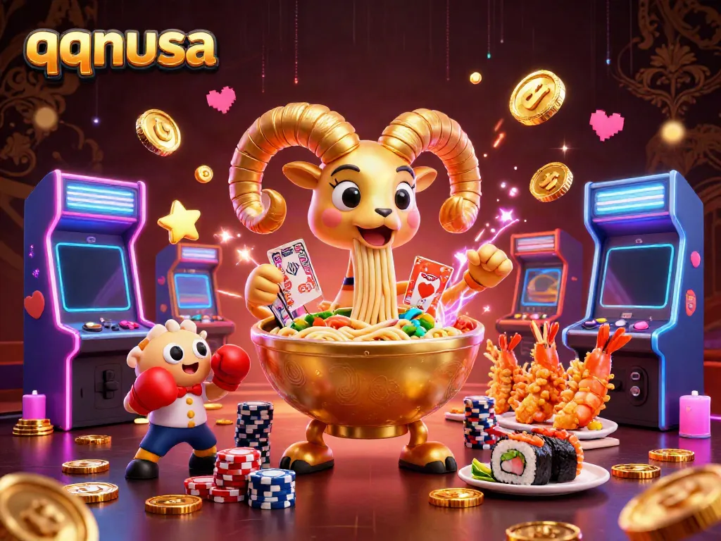Engage in thrilling casino action with qqnusa as the golden ramen bowl character deals cards surrounded by vibrant game elements.
