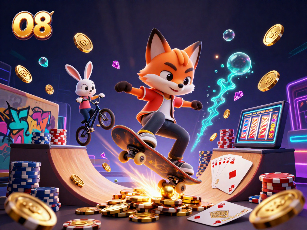 Experience O8's thrilling gaming world with a vibrant scene of cartoon characters, golden coins, and a dynamic casino backdrop.