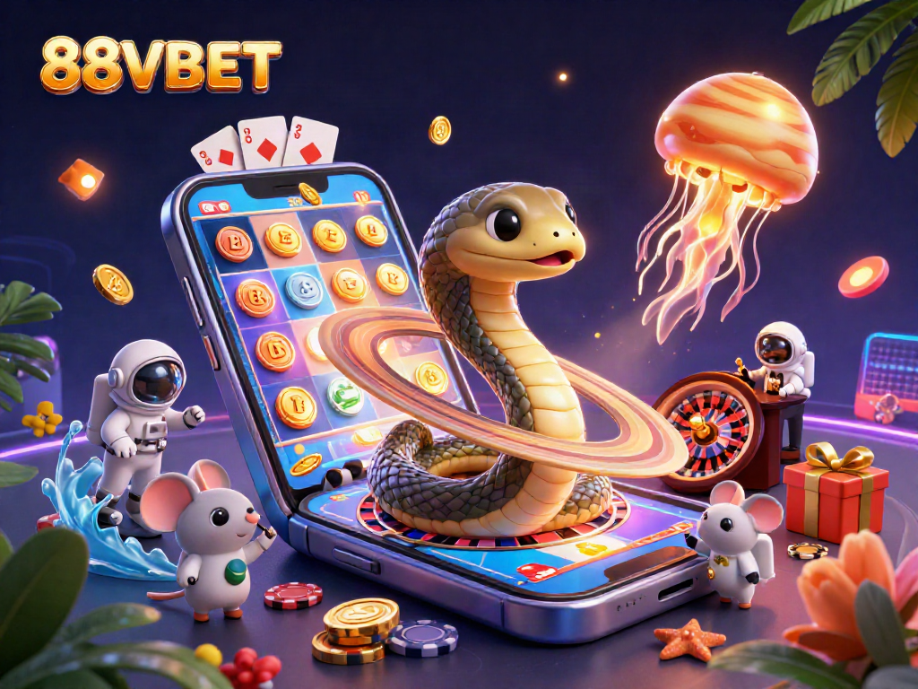 Place exciting bets with 88VBET in a vibrant cosmic casino scene featuring playful characters.