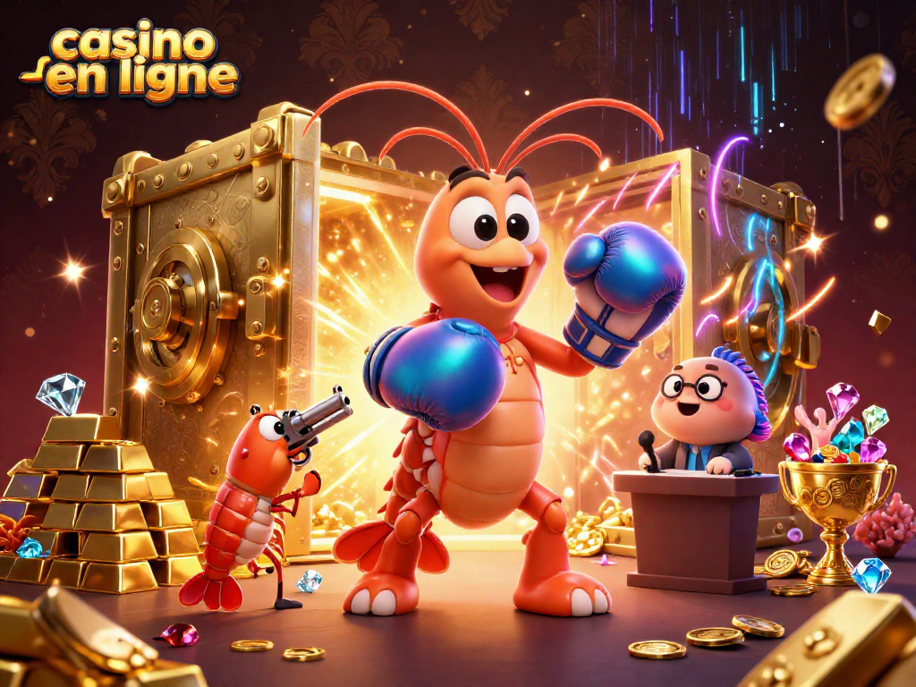 Jouez au casino en ligne avec une scène animée avec des personnages de crevettes et des trésors.