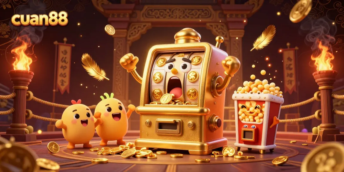 Slot mesin cuan88 meraih jackpot, dikelilingi mesin kecil bersorak dan efek magis penuh koin emas.