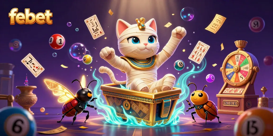 Experience the excitement with febet as the Egyptian mummy cat and a scarab beetle in a vibrant casino scene.